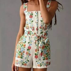 Farm Rio Tropical Romance Cross Stitch Print Playsuit Romper Size Medium Belt